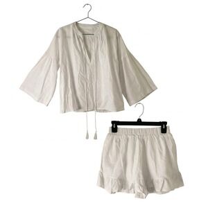 White Cotton Boho Two Piece Set Bell Sleeve Tassel Top and Ruffle Shorts Coastal